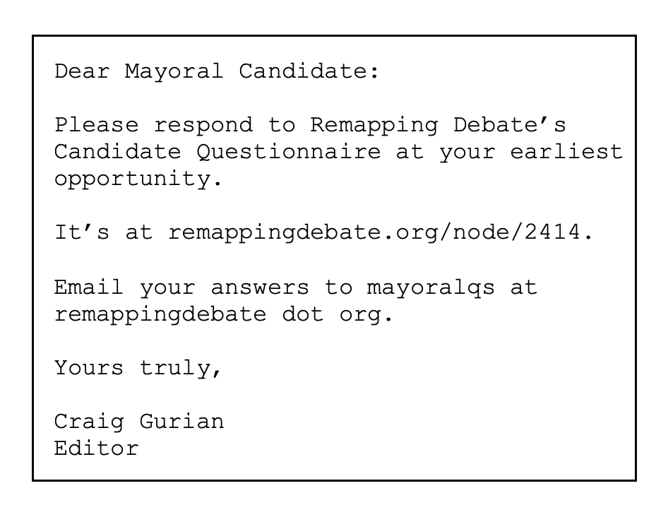 Note to mayoral candidates asking for responses to questionnaire.