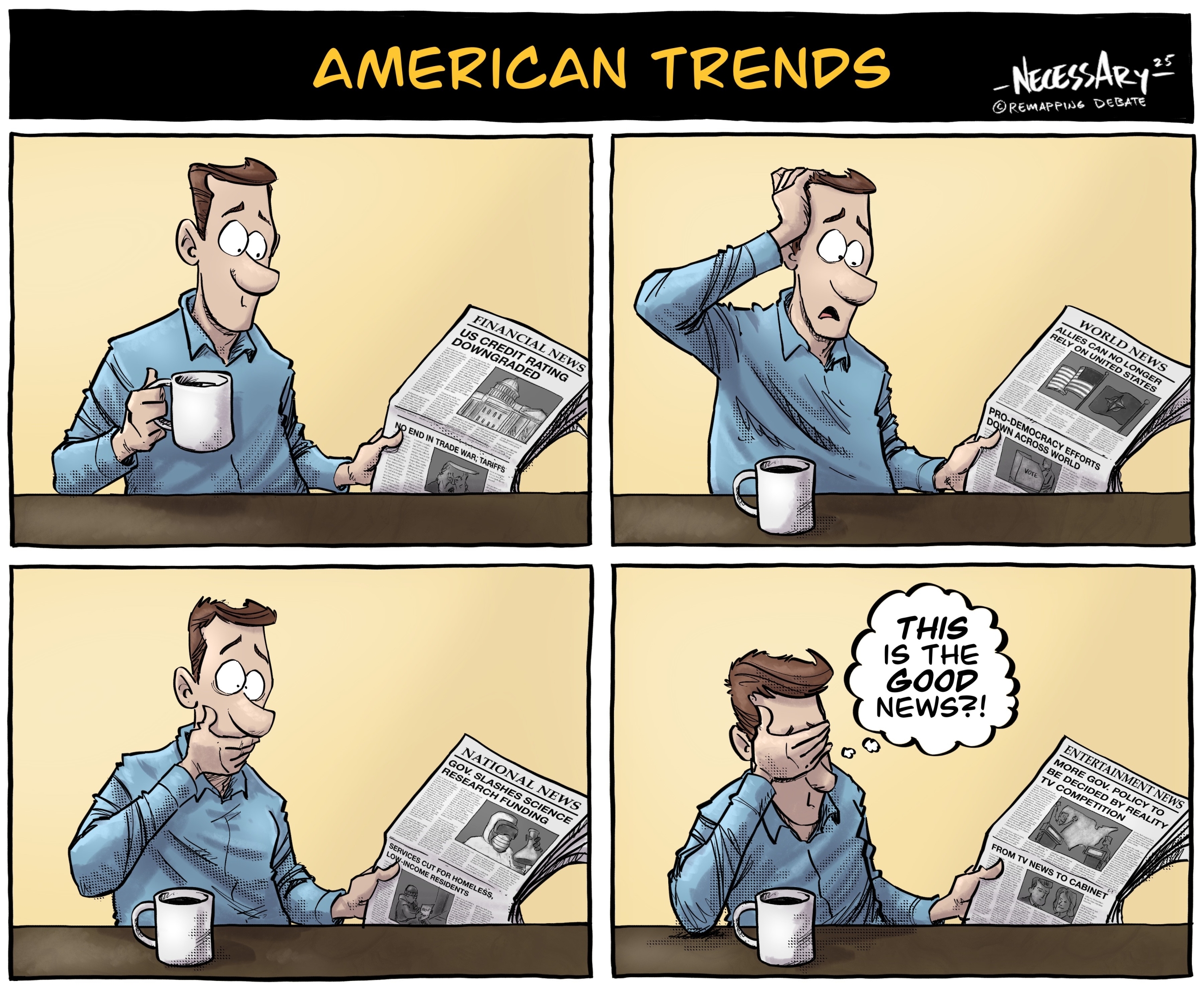 Editorial cartoon shows multiple downward trends for America, except for reality TV.