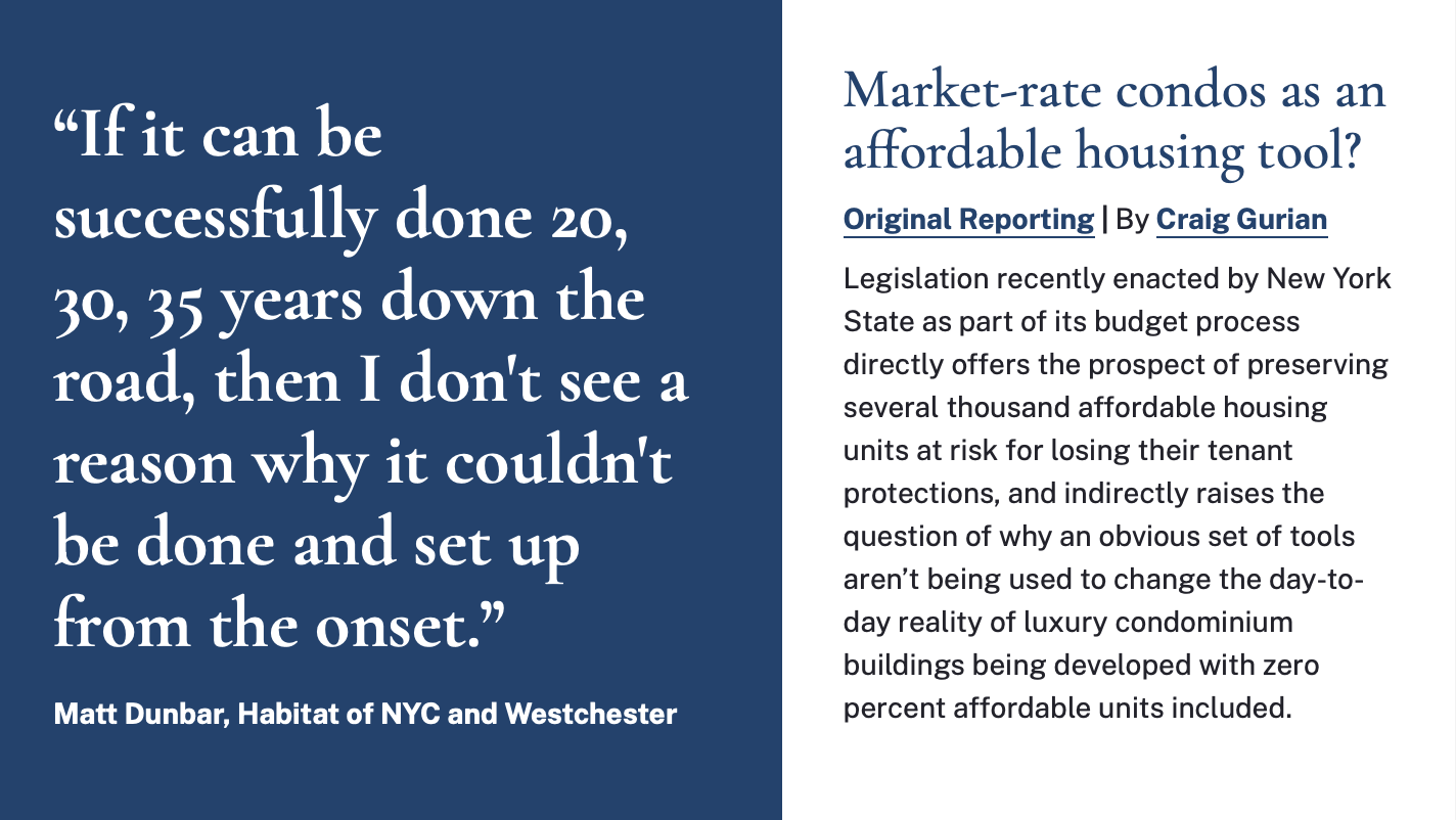 Headline reads "Market-rate condos as an affordable housing tool?" and is accompanied by a quote saying that the model is doable. 