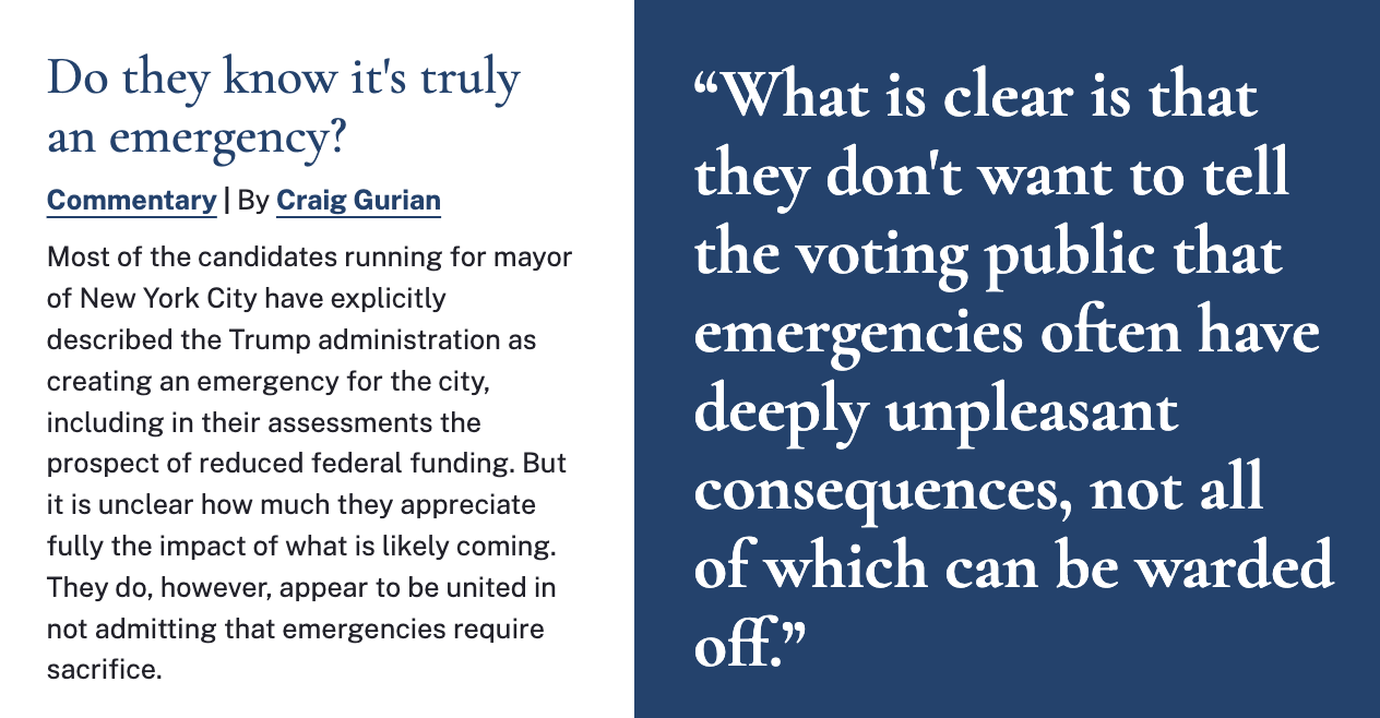 Image of homepage showing headline ("Do they now it's truly an emergency?") with article excerpt saying What is clear is that they do not want to tell the voting public that emergencies often have deeply unpleasant consequences, not all of which can be warded off.