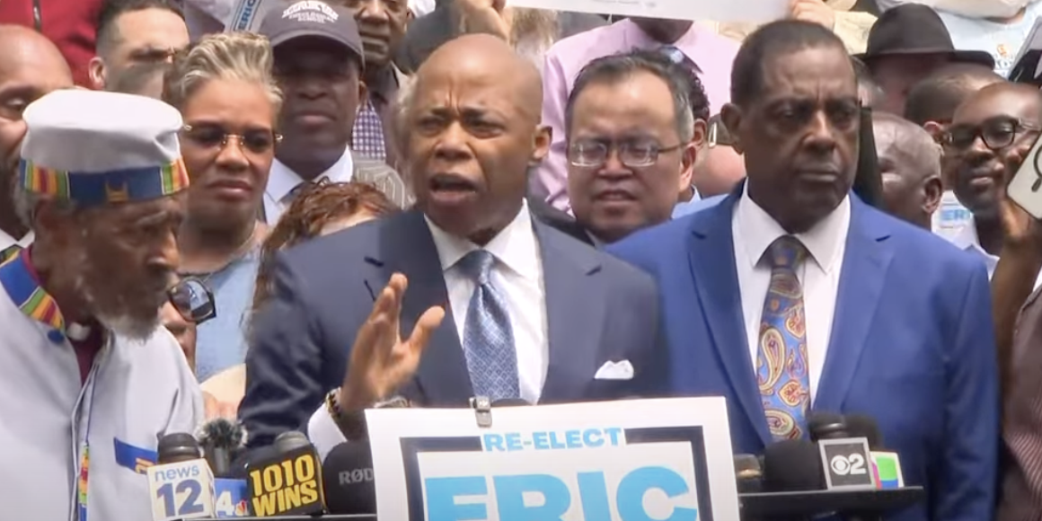 Eric Adams speaking at his campaign kickoff rally on June 26, 2025