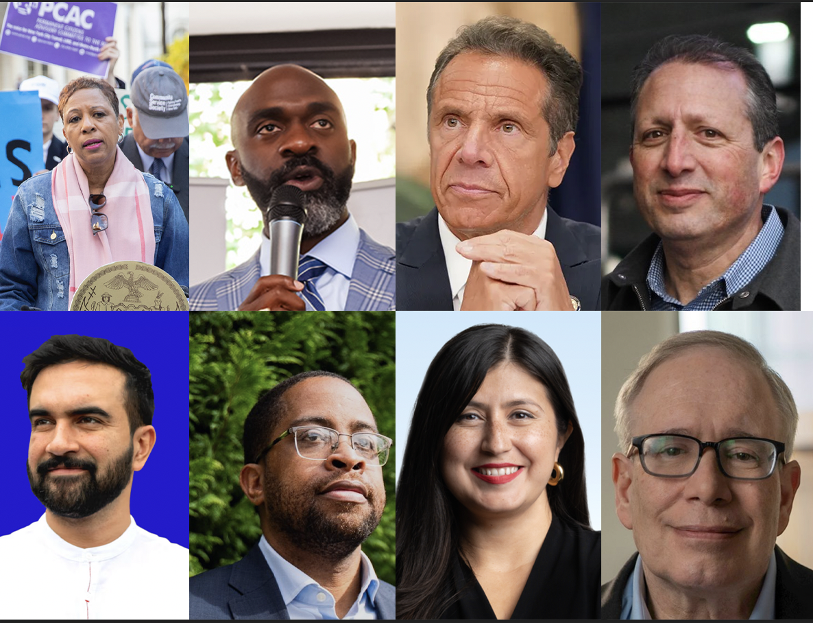 Montage of Adrienne Adams, Michael Blake, Andrew Cuomo, Brad Lander, Zohran Mamdani, Zellnor Myrie, Jessica Ramos, and Scott Stringer