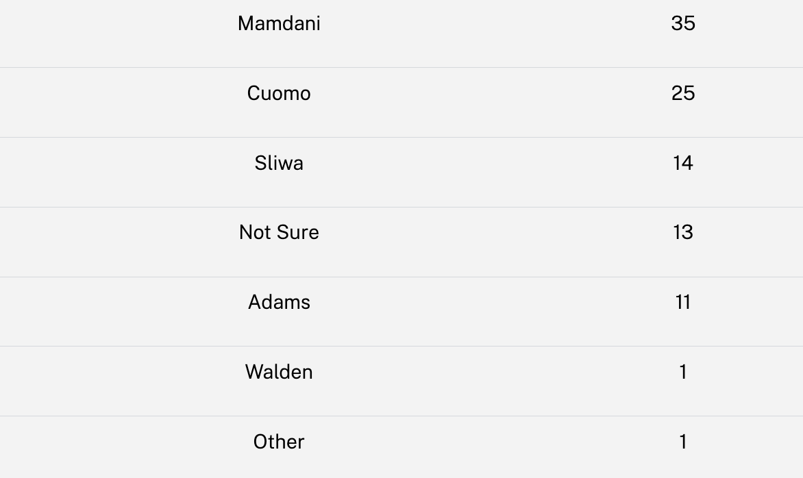 Slingshot Strategies poll showing Mamdani with 35%, Cuomo with 25%, Sliwa with 14%, "Not sure" with 13%, Adams with 11%, and Walden and "Other" each with 1%.