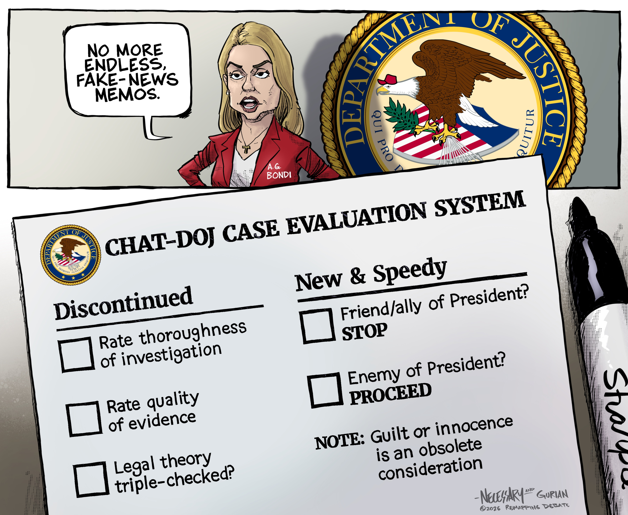 Displaying the discarded criteria for proceeding with prosecution (merits) and the new criterion (friend or enemy of Trump) 
