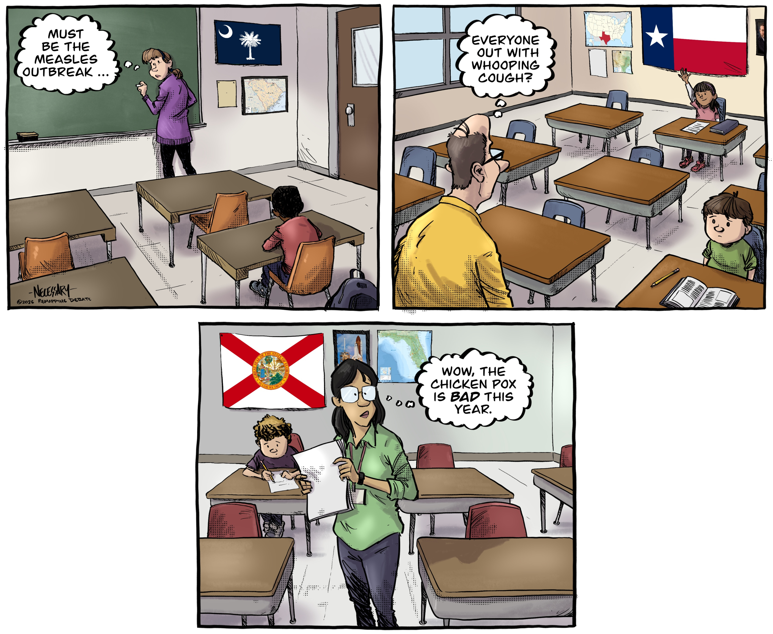 Three cartoon panels showing nearly empty classrooms, either because of measles, whooping cough, or chicken pox