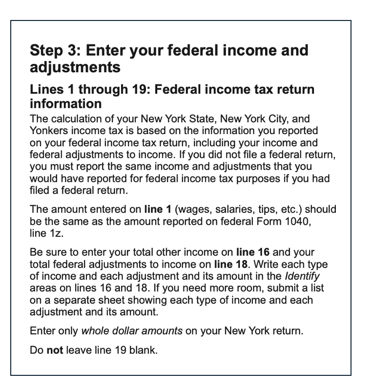 Screenshot of section of NYS tax return instructions directing filers to copy in entries from their federal returns.