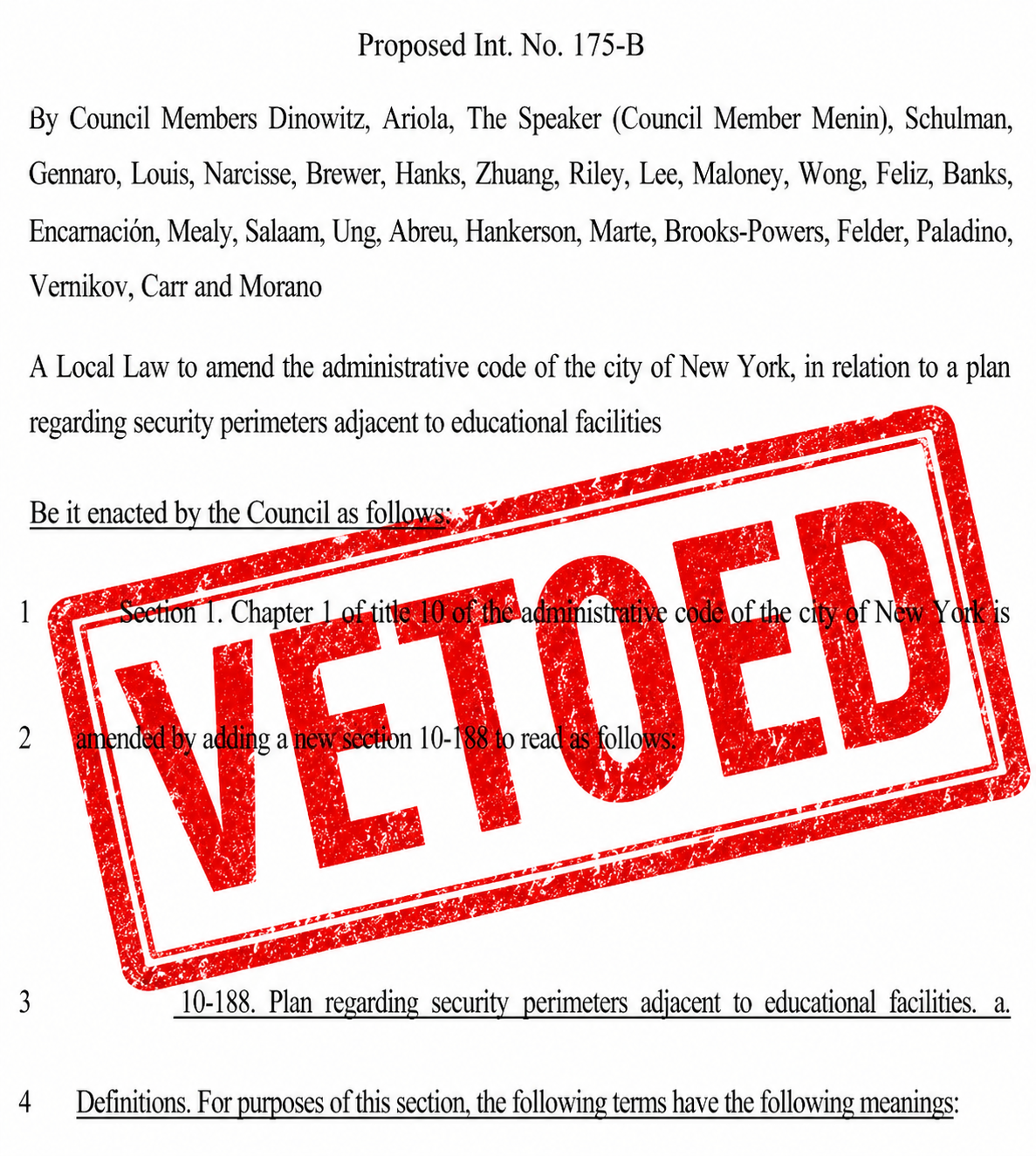 Image of portion of first page of Int. 175-B overlaid with the word "VETOED" in red.