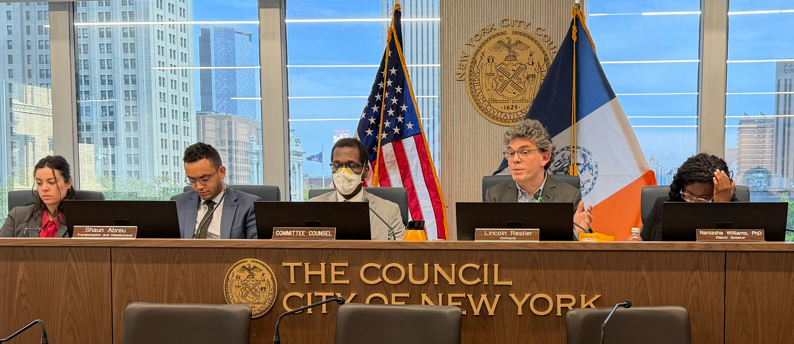 Images shows Council Members Abreu, Restler, and Williams, along with two committee counsel, at Apr.29, 2026 hearing on capital construction practices. 