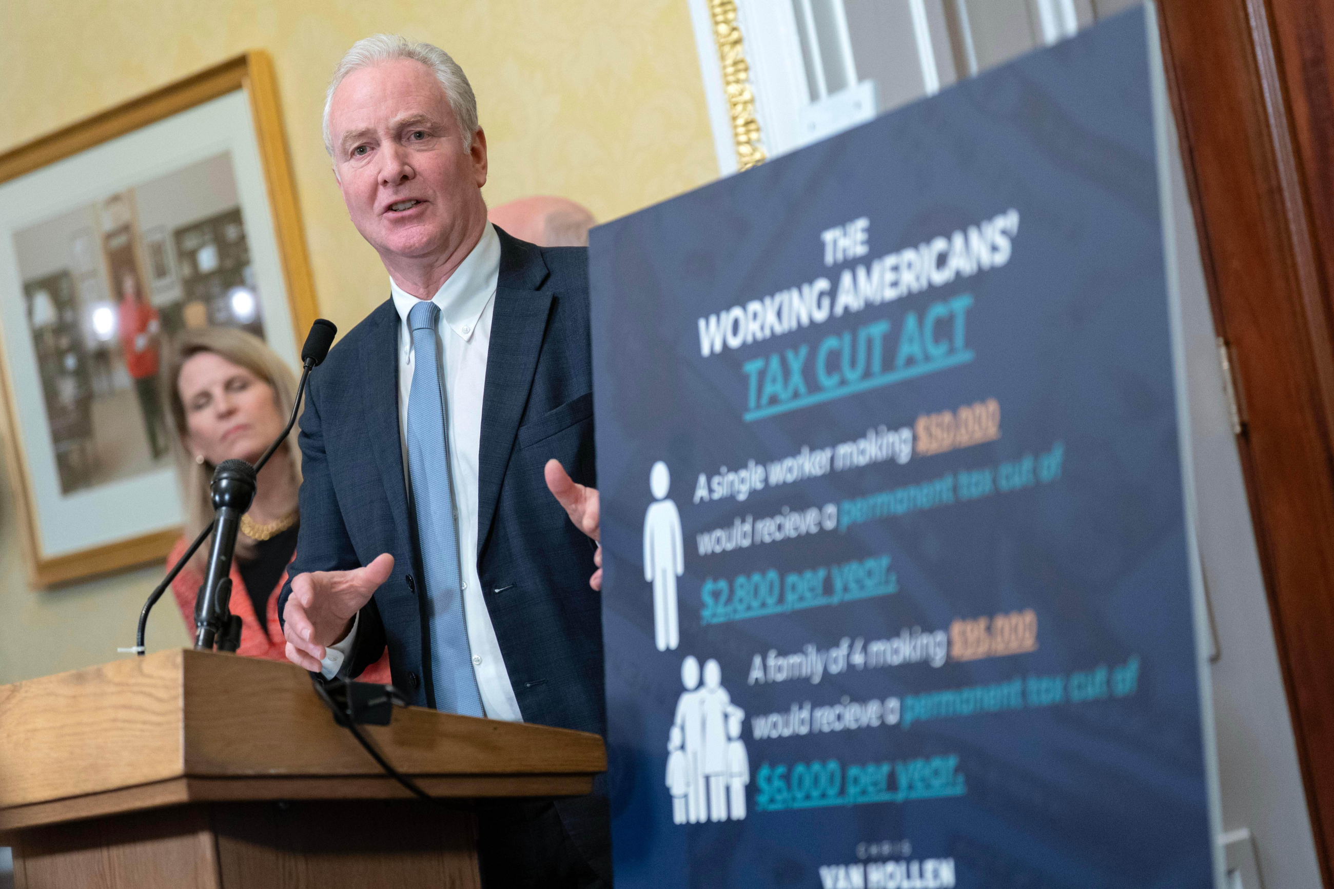 Sen. Van Hollen at news conference in March 2026 announcing his tax-cut proposal. (AP Photo/Jose Luis Magana)