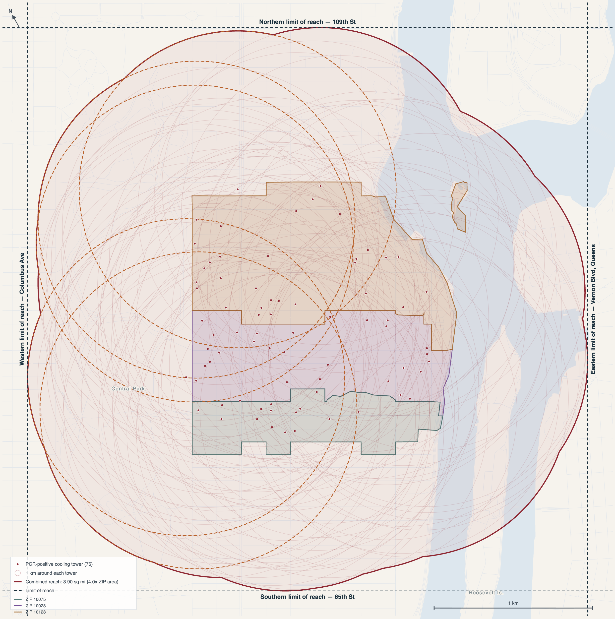 Map showing 1 kilometer radius drawn from each cooling tower found to be PCR-positive for Legionnaires'