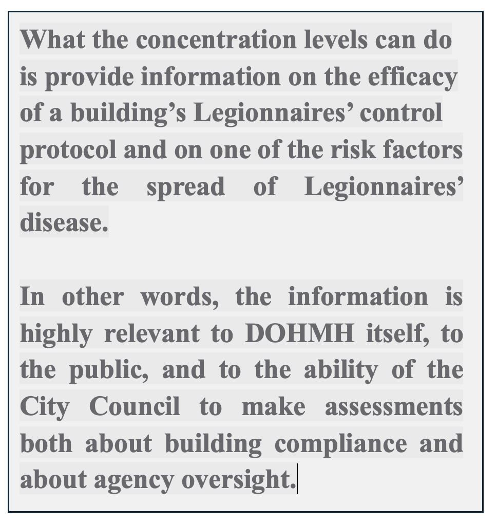 Image of pull quote reads, "What the concentration levels can do is provide information on the efficacy of a building’s Legionnaires’ control protocol and on one of the risk factors for the spread of Legionnaires’ disease. In other words, the information is highly relevant to DOHMH itself, to the public, and to the ability of the City Council to make assessments both about building compliance and about agency oversight."